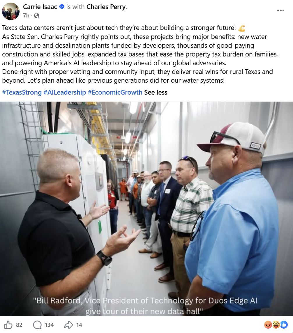 Facebook post praising Texas data centers
